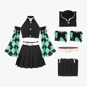 Women’s Kamado Tanjirou Cosplay Costume Set Vest Pleated Skirt w/ Belt for Adult